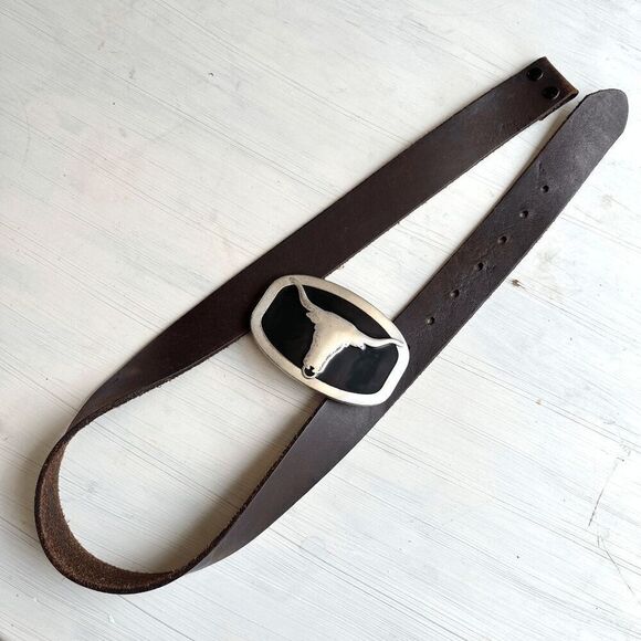 New Western cowboy rodeo longhorn steer belt buckle Vintage Western Leather Belt w/ Silver Longhorn Buckle – Cowboy Rodeo 38”